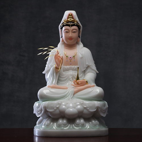 观音佛像汉白玉观世音菩萨家用坐莲南海送子观音娑婆三圣神像摆件