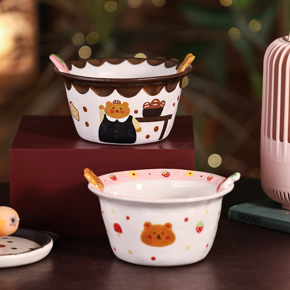 陶瓷泡面碗景德镇手工手绘釉下彩可爱小熊草莓饭碗大容量汤碗点心