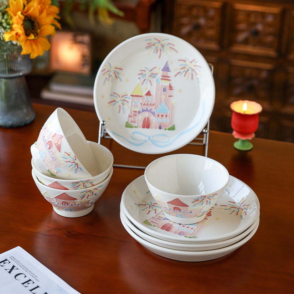 奶油风景德镇陶瓷碗家用高级餐具高颜值釉下彩轻奢饭碗菜盘水果盘,餐饮具,碗,淘宝优惠券,粉丝福利购,淘宝优惠卷