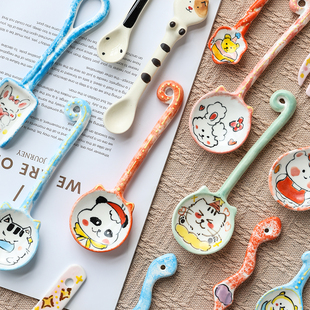 咖啡勺搅拌棒饭勺景德镇陶瓷调羹西餐水果叉手工手绘釉下彩扭曲勺