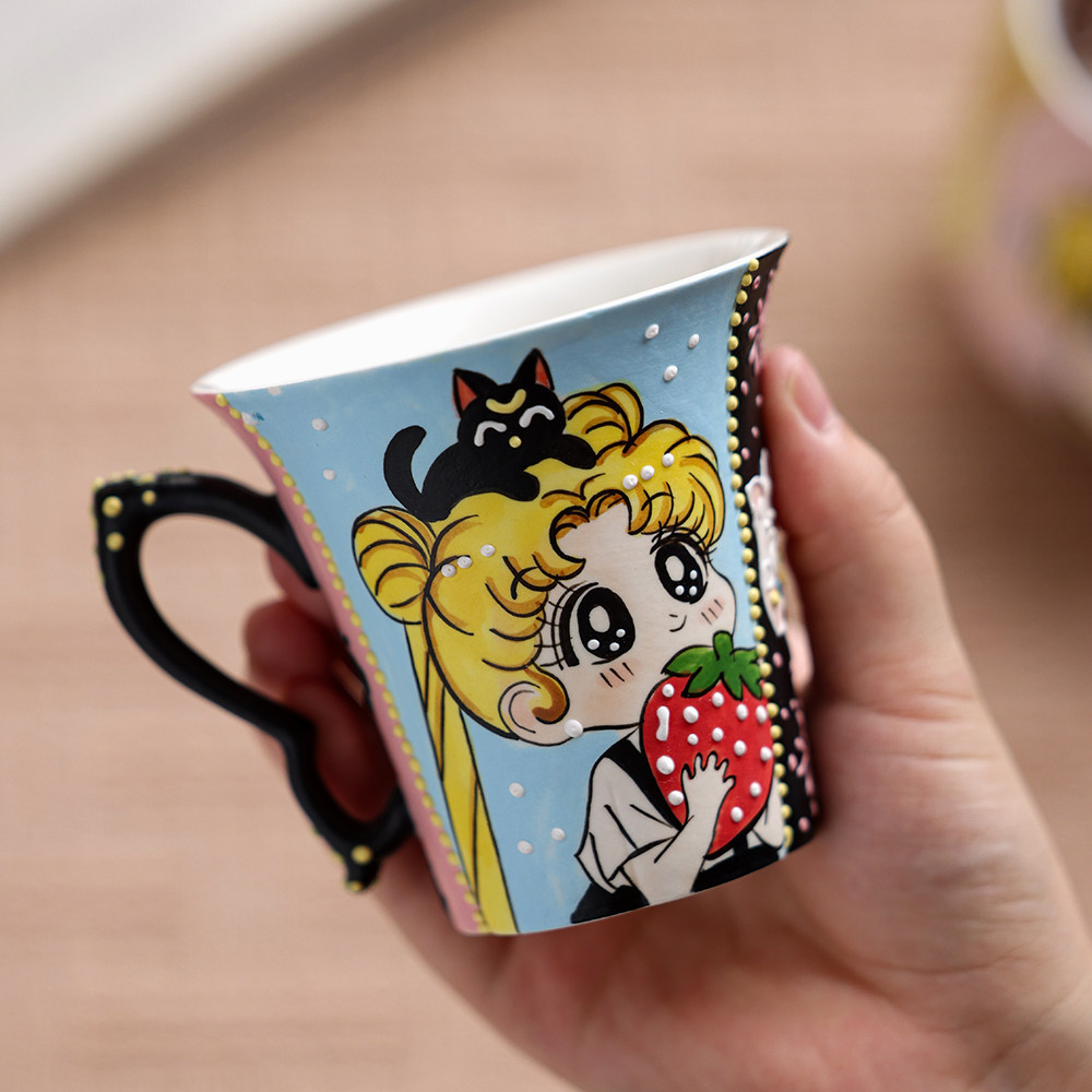 陶瓷水杯手绘釉下彩马克杯高温牛奶杯美少女咖啡杯点心水果盘子