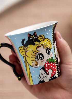 陶瓷水杯手绘釉下彩马克杯高温牛奶杯美少女咖啡杯点心水果盘子