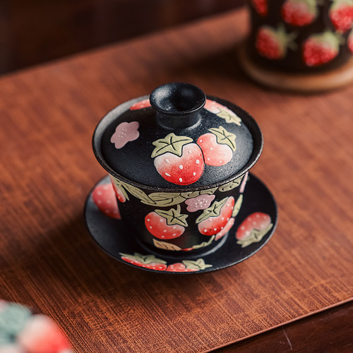 手绘紫砂水杯子景德镇茶杯创意草莓马克杯高颜值女生大容量带盖杯