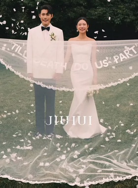 超长3米蕾丝边白字母头纱外景草坪婚纱摄影拍照道具新娘字母头纱