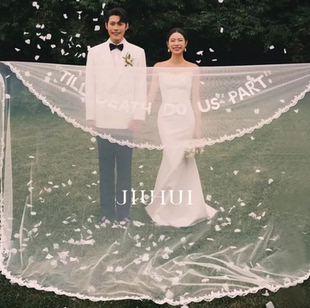 超长3米蕾丝边白字母头纱外景草坪婚纱摄影拍照道具新娘字母头纱