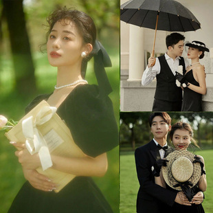 新浪漫赫本风婚纱摄影道具法式复古草帽主题婚纱拍照道具黑色雨伞