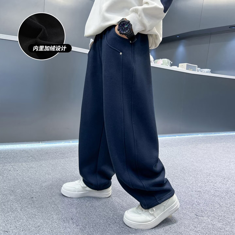 一体绒男大童青少年秋冬长裤胖男童冬装加绒弯刀休闲裤胖童运动裤