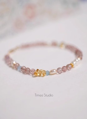 天然草莓晶手串黄水晶海蓝宝