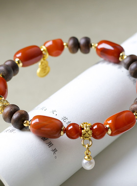 2026上新南红玛瑙桶珠富森红土沉香木手链原创文玩手串简约民族风