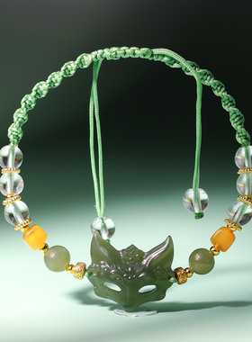 手工编织天然和田玉狐狸面具手绳文玩蜜蜡白水晶中式女款手链批发