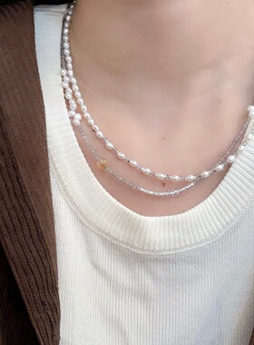 S925银天然淡水珍珠闪光石黄塔晶碎银切面银管项链套装小众百搭