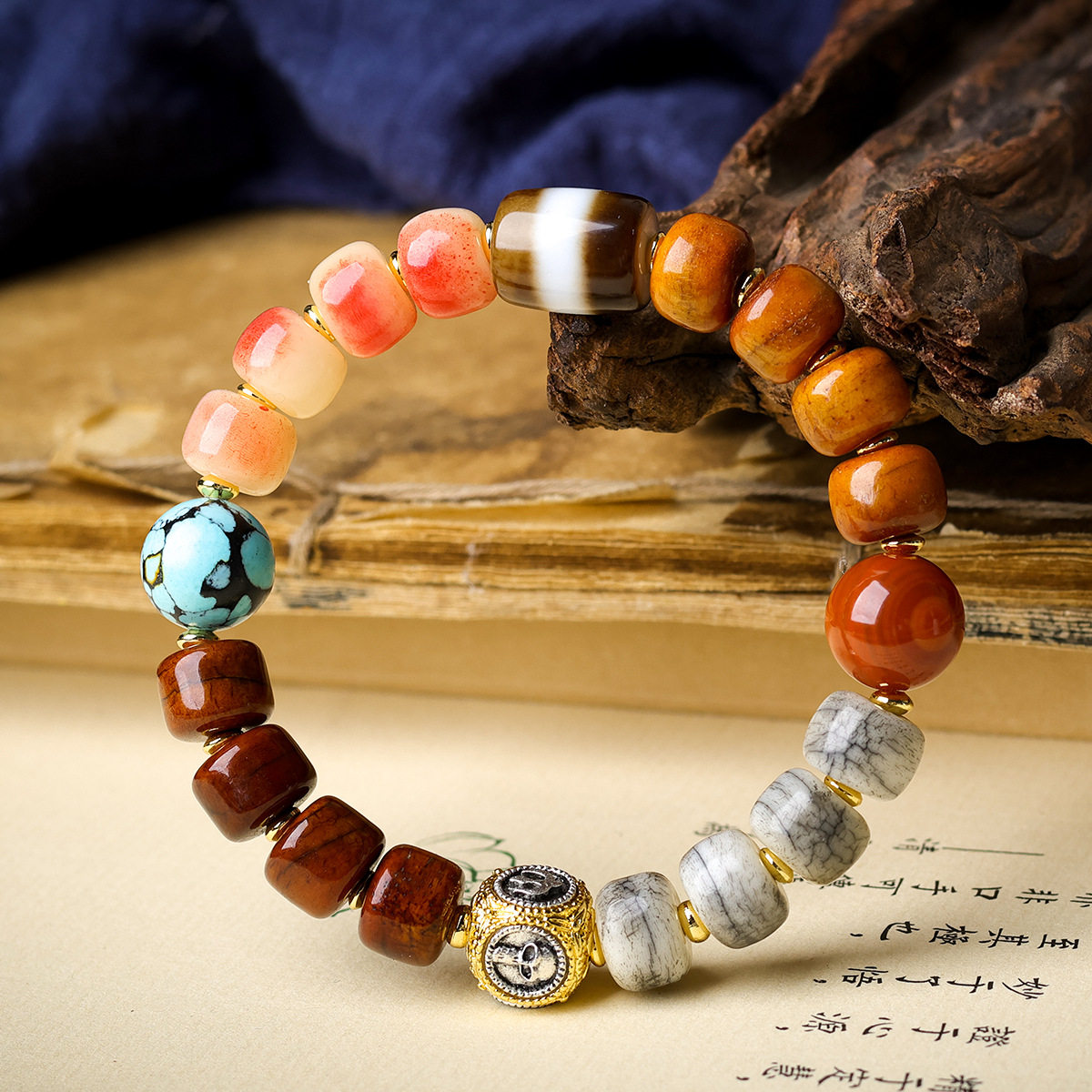 藏饰炸裂纹骨头多宝手链原创一线天珠松石文玩民族风手串中式风格