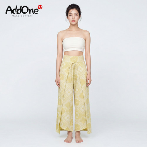 AddOne+1小众设计瑜伽休闲高腰前系带阔腿裤不规则裤边波西米亚风