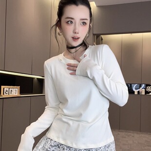 圆领打底衫 秋冬拼蕾丝下摆小衫 欧货洋气上衣潮 T恤女2025新款 长袖