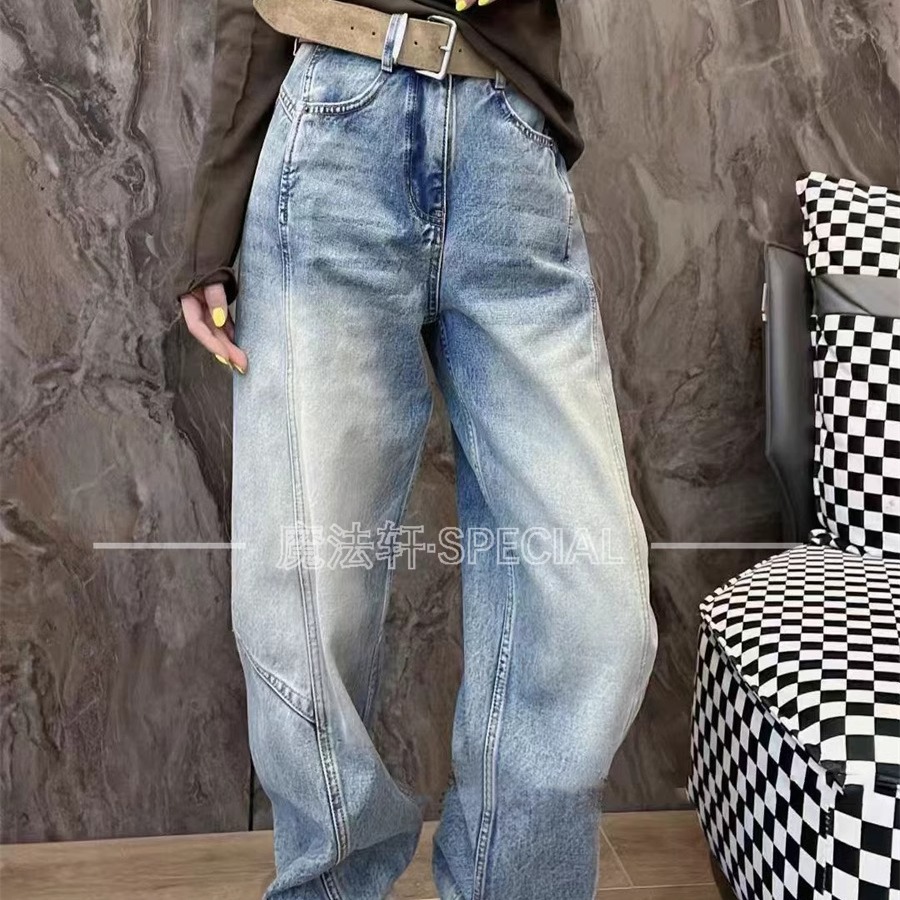 弯刀牛仔裤女款2025秋冬新款高腰显瘦磨白直筒收脚长裤子欧洲站q