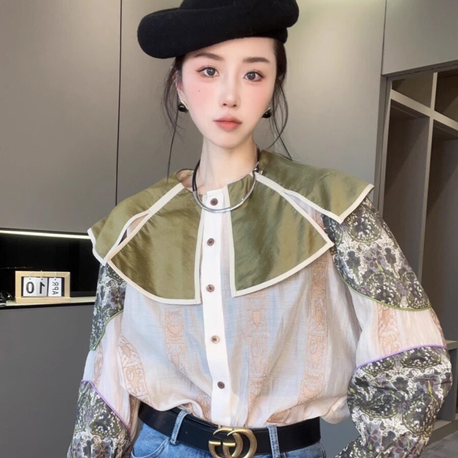 单排扣长袖刺绣碎花披肩领衬衫