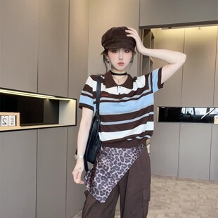 秋翻领半袖 T恤女2025新款 洋气欧货潮时髦上衣 短袖 撞色条纹POLO衫