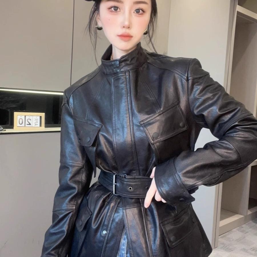 立领拉链口袋纯色腰带收腰皮衣