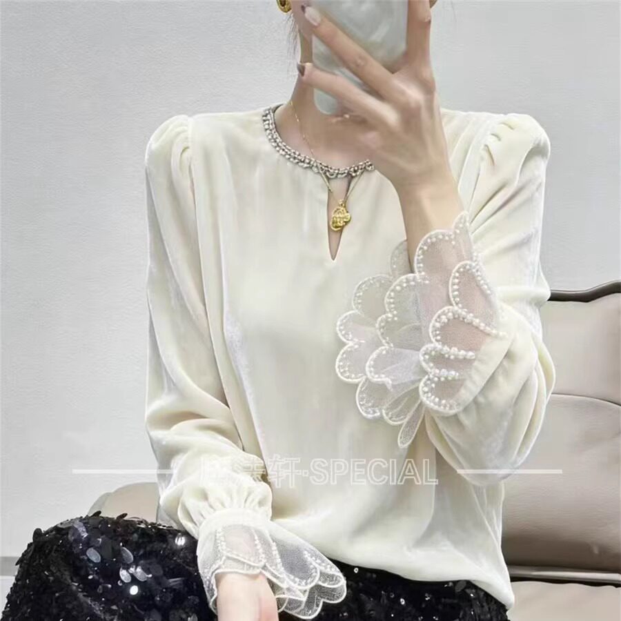 2025冬新款花瓣袖丝绒女衬衫