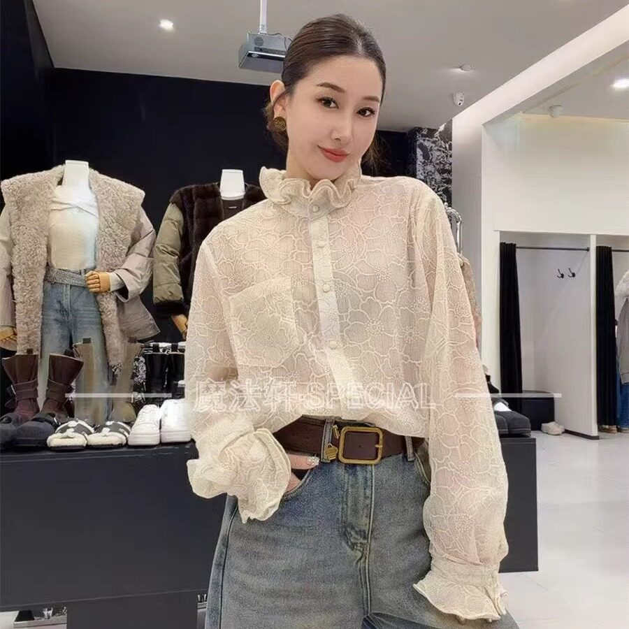 冬季法式印花花苞领喇叭袖衬衫