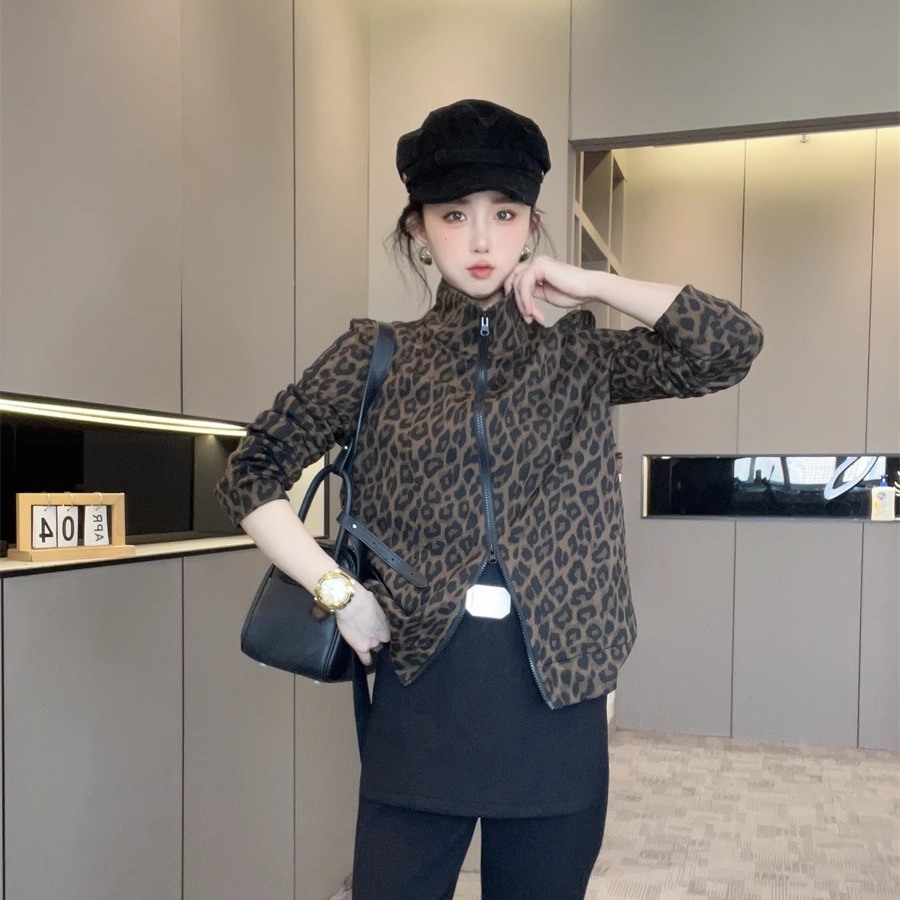 立领拉链豹纹长袖外套潮