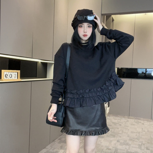 卫衣女2025新款 木耳边纯色长袖 早秋圆领套头落肩宽松上衣欧洲站潮