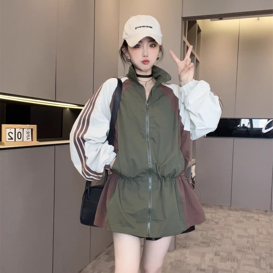 欧货侧条纹撞色拼接立领短外套