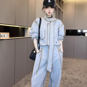 设计感套装两件套女2025新款秋立领系带长袖上衣+阔腿裤长裤欧货