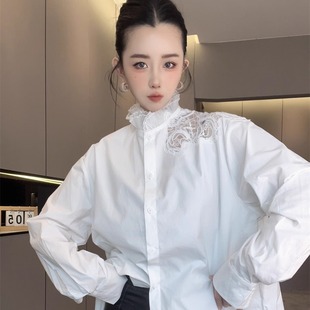网纱立领衬衣高级感时髦上衣欧洲站 女2025新款 肩膀拼蕾丝长袖 衬衫