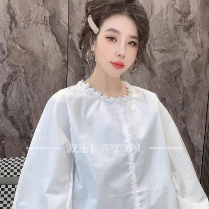 宽松长袖衬衫女2025新款花朵钉珠圆领灯笼袖纯色衬衣欧洲站冬季q,女装/女士精品,衬衫,淘宝优惠券,粉丝福利购,淘宝优惠卷