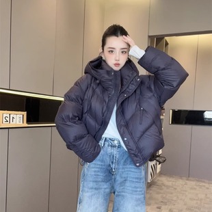 韩版纯色羽绒服女款2025秋冬新款连帽拉链短款宽松面包服欧洲站
