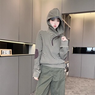 现货 小衫 条纹半拉链连帽衫 长袖 洋气欧货潮时髦上衣 女2025新款