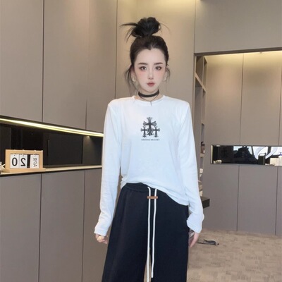 十字架印花长袖T恤女2025新款