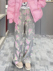 休闲裤女2023新款冬季碎花印花系带小个子阔腿裤宽松欧洲站系带潮