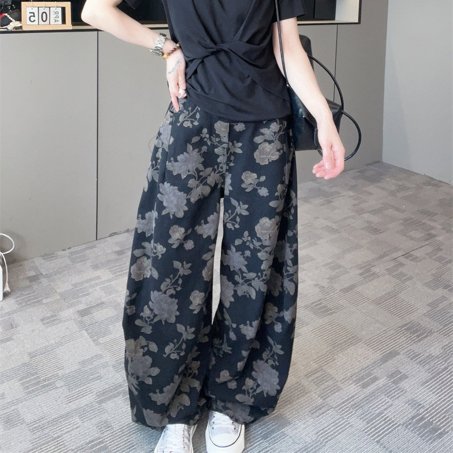 早秋印花高腰垂坠显瘦阔腿裤女