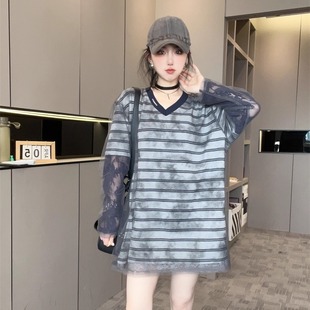 蕾丝V领套头中长款 拼接网纱条纹T恤女2025新款 晕染宽松上衣欧货秋
