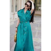 澄渔高定 蓝翡翠 贵妇必入意大利皇爵缎复古金扣OL风衣连衣裙