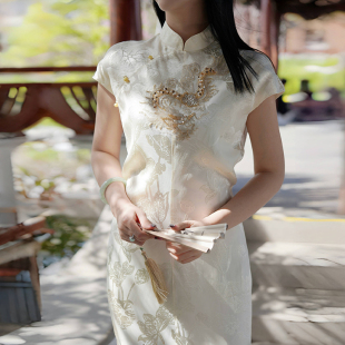 澄渔高定【水龙吟】新中式重磅竹麻天丝提花钉珠刺绣旗袍连衣裙