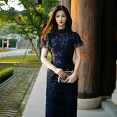 新中式 澄渔高定 虞美人 藏蓝晶片精工刺绣真丝镂空珠扣连衣裙