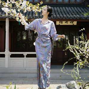 澄渔新中式真丝显瘦扭结连衣裙
