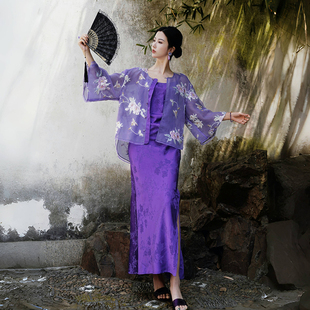 套装 澄渔高定 100桑蚕丝吊带刺绣鱼牙纱开衫 新中式 紫晶云牡