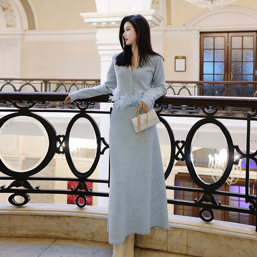 澄渔高定【云上星河】新中式baby羊毛亮片立体花朵针织半身裙套装