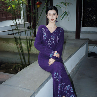澄渔高定【九紫芝澜】新中式紫色亮丝澳洲baby羊毛捏褶针织连衣裙