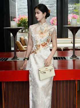 澄渔高定【金棠赋】山巅级织金锦重工刺绣新中式收腰礼服旗袍
