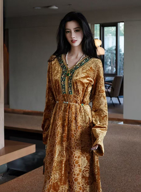 澄渔高定【璎珞玉阙】新中式金缕金绳绣天宫锦丝绒织带云纱连衣裙