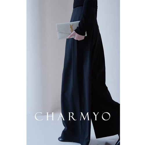 CHARMYO/摩登沙漏腰线高定亚麻羊毛R0W遮胯收腰龙骨裁剪阔腿裤