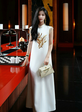 澄渔高定【禾鎏玉澍】新中式重磅素绉缎钉珠刺绣缎旗袍礼服连衣裙