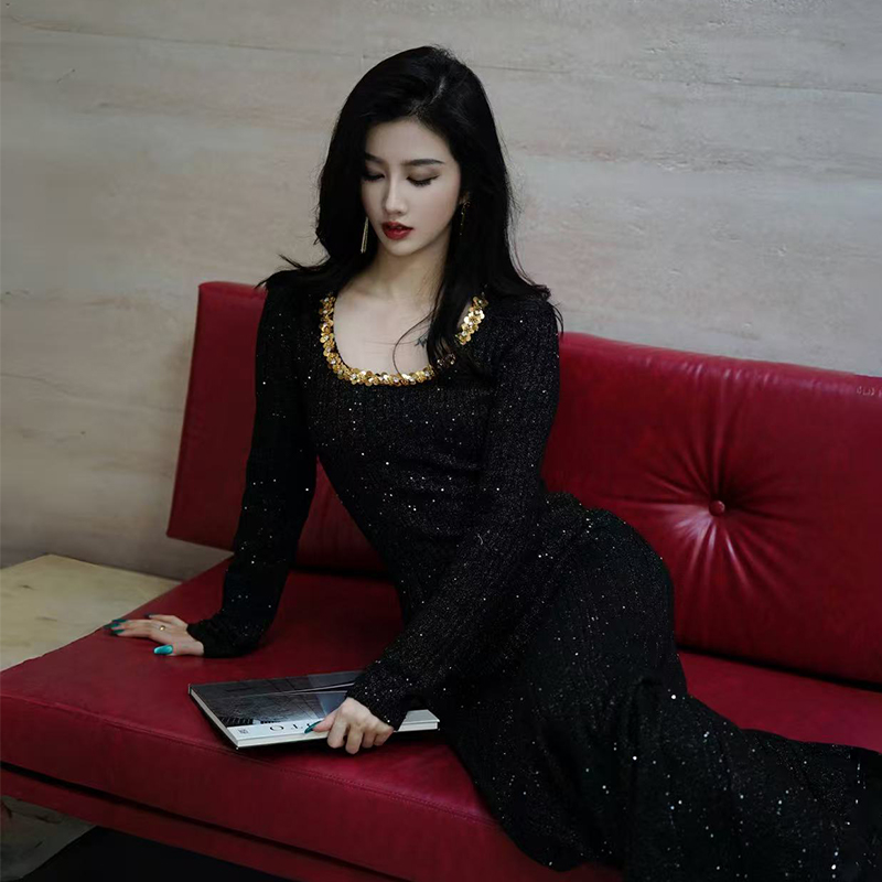 澄渔新中式羊毛针织珠片连衣裙