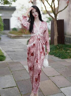 澄渔高定【粉黛美人】新中式玫瑰金钻绒印花蕾丝花边显瘦连衣裙