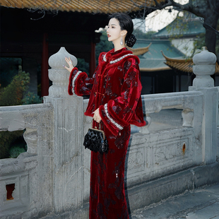 澄渔高定【鸾凤鸿禧】新中式丝绒刺绣水貂毛钉钻上衣连衣裙套装